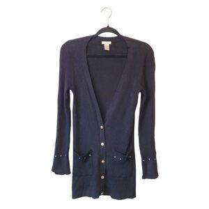 Cache Black Ribbed Studded Button Front Cardigan